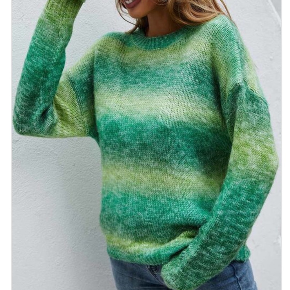 NEW Soft striped green cozy knit crew neck sweater - Picture 3 of 3